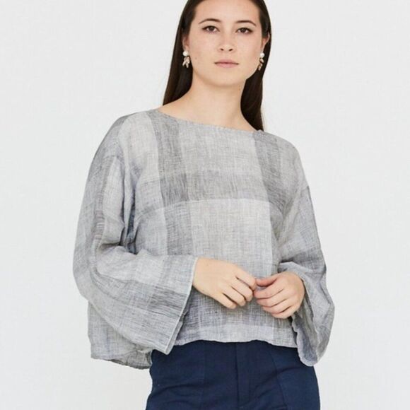 Esby Kiko Tie Back Top Black White Broken Plaid 100% Linen Boho Boxy Blouse Medi - Picture 4 of 15